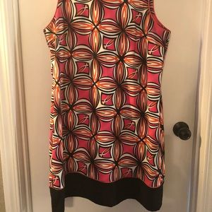 Sleeveless orange, pink, and black dress